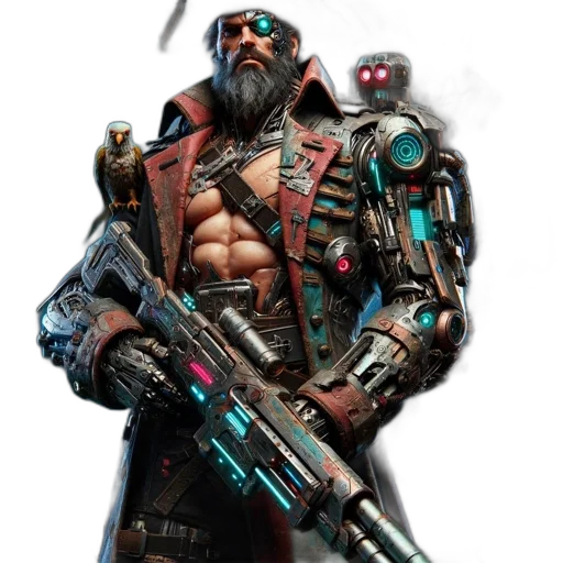 weapon, jacket, cyberpunk, concept art, comic book art, fantasy art, futuristic, pirate transparent PNG cut-out