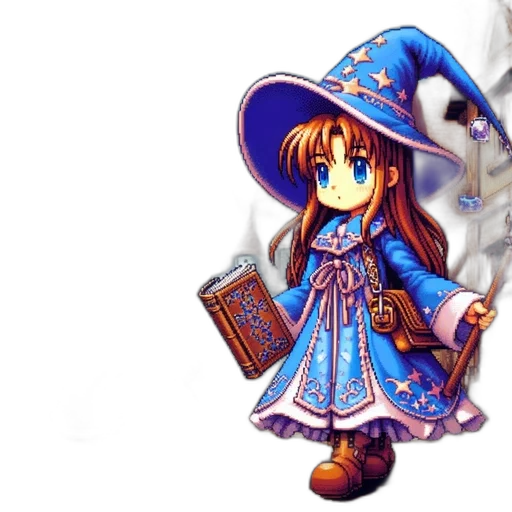 staff, dress, hat, dragon, pixel art, fantasy art, concept art, anime transparent PNG cut-out