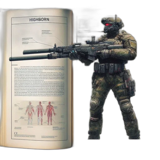 weapon, concept art, 3d render, illustration, shows, heavily, armored, soldier transparent PNG cut-out