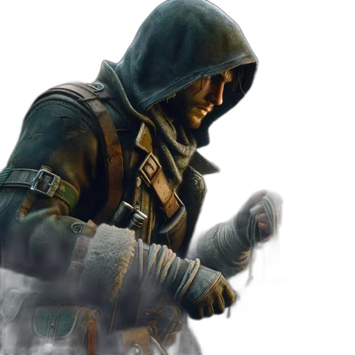 jacket, weapon, mask, sword, concept art, photorealistic, fantasy art, comic book art transparent PNG cut-out
