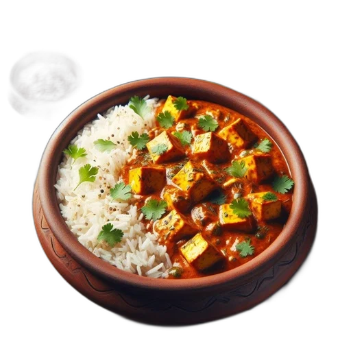 food, 3d render, photorealistic, bowl, orange-colored, curry, paneer, tofu transparent PNG cut-out