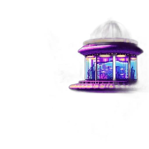 building, robot, umbrella, hat, concept art, vaporwave, pixel art, 3d render transparent PNG cut-out