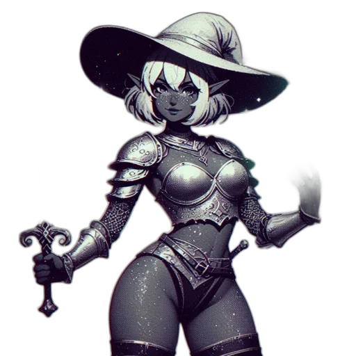 robot, staff, concept art, fantasy art, comic book art, pixel art, monochrome, dark transparent PNG cut-out