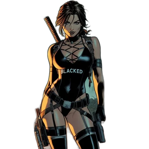 comic book art, concept art, cyberpunk, cartoon, dark, woman, black, belted transparent PNG cut-out