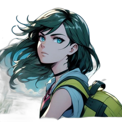 face, weapon, hair, anime, concept art, watercolor, comic book art, blue transparent PNG cut-out