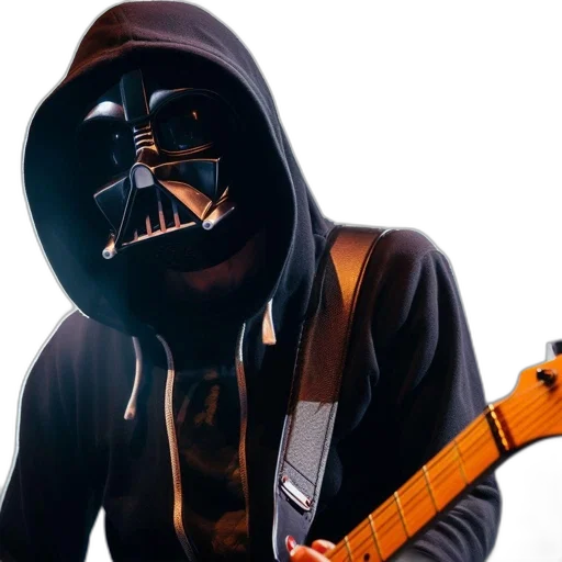 mask, jacket, photorealistic, individual, dressed, darth, vader, holds transparent PNG cut-out