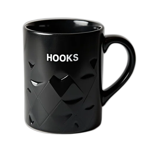 photorealistic, 3d render, black, coffee, mug, geometric, pattern, word transparent PNG cut-out