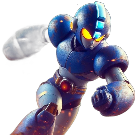 robot, weapon, 3d render, concept art, pixel art, blue, illustrated, primarily transparent PNG cut-out