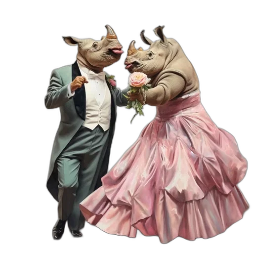 dress, concept art, photorealistic, 3d render, two, anthropomorphic, rhinos, formal transparent PNG cut-out