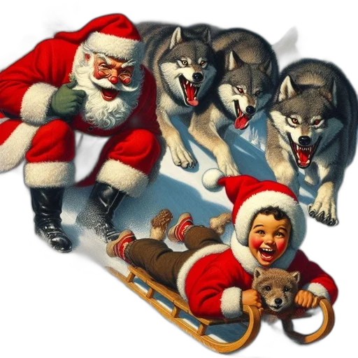 concept art, santa, child, chased, wolves, snowy, landscape, mountainous transparent PNG cut-out