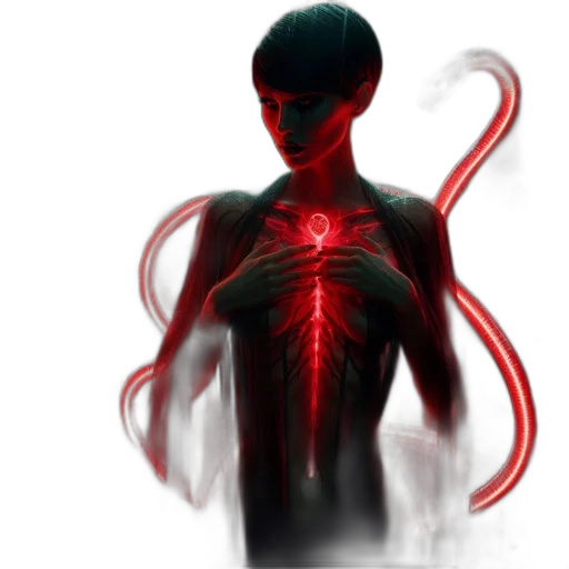concept art, 3d render, cyberpunk, comic book art, red, woman, glowing, snake transparent PNG cut-out