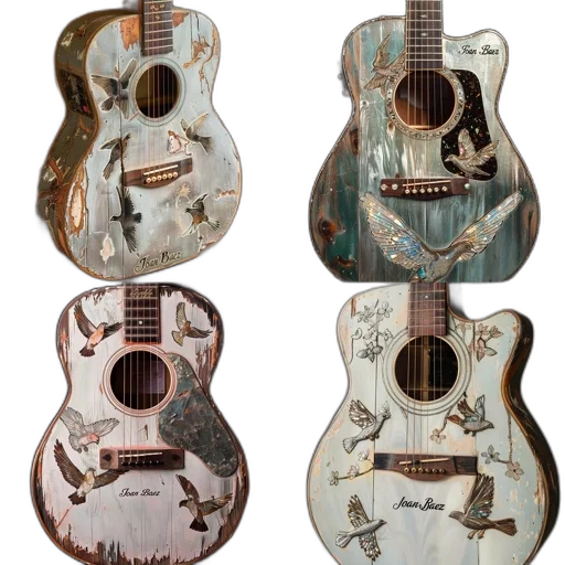 four, guitars, unique, designs, hand-painted, artwork, featuring, birds transparent PNG cut-out