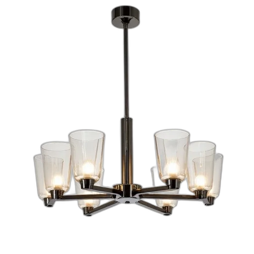 modern, chandelier, sleek, metallic, finish, series, interconnected, cylindrical transparent PNG cut-out