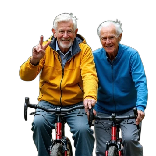 jacket, two, elderly, men, riding, bicycles, together, one transparent PNG cut-out