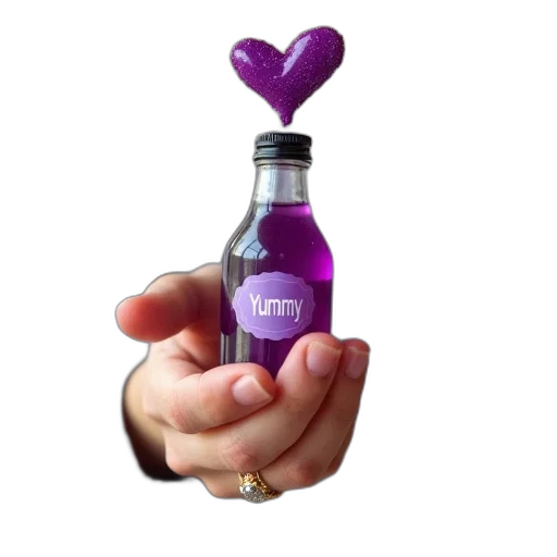 bottle, staff, person, hand, holding, small, purple, liquid transparent PNG cut-out