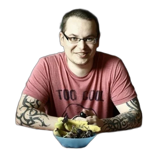 food, staff, photorealistic, man, tattoos, his, arms, sits transparent PNG cut-out