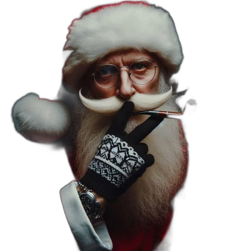 3d render, santa, claus, figure, pipe, glasses, smoking, dark transparent PNG cut-out