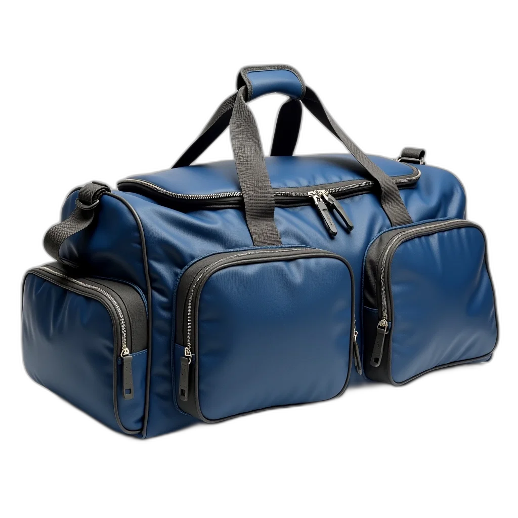 3d render, photorealistic, blue, grey, duffel, bag, multiple, compartments transparent PNG cut-out