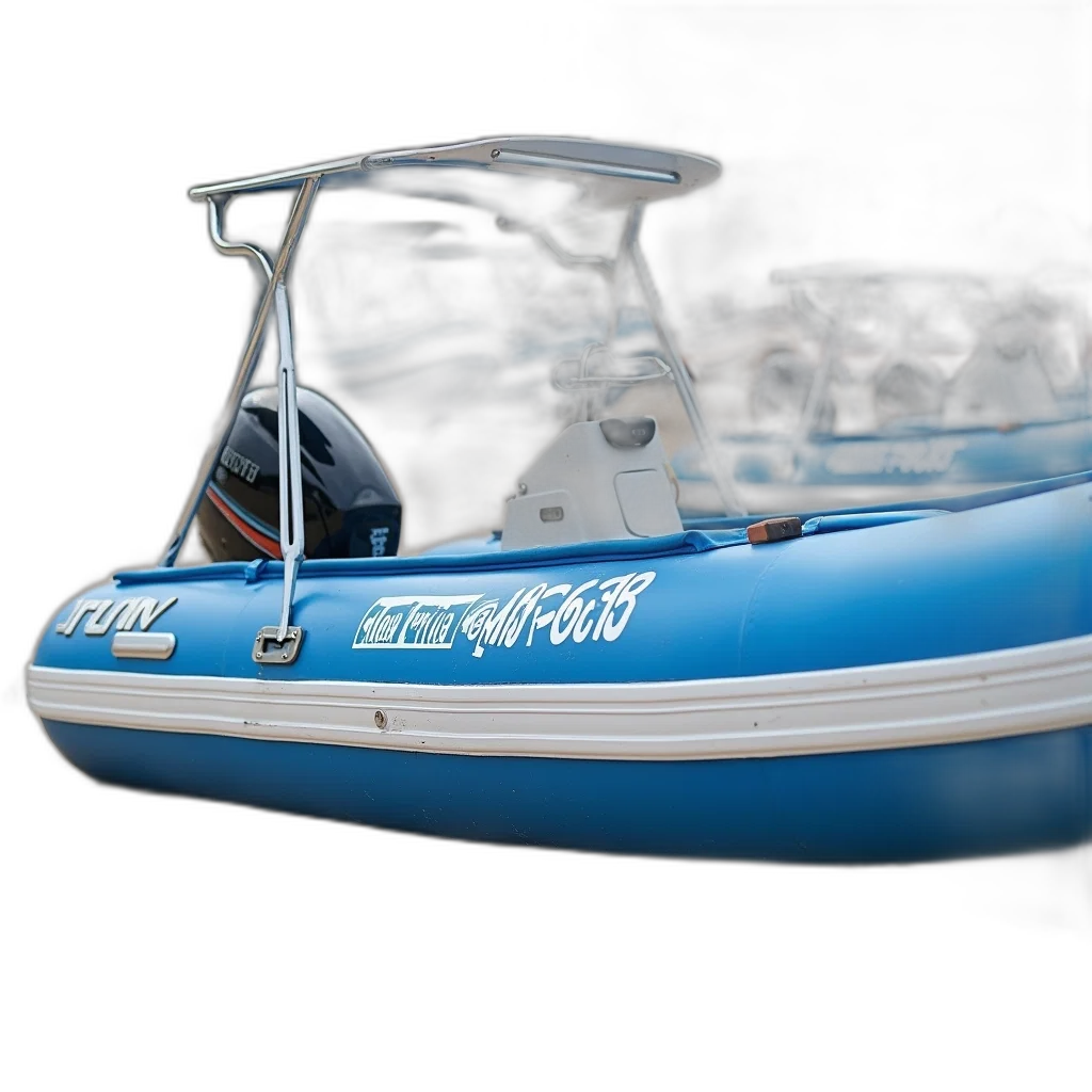 3d render, photorealistic, concept art, blue, white, inflatable, boat, metal transparent PNG cut-out