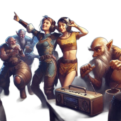 concept art, fantasy art, cyberpunk, inside, rustic, venue, diverse, group transparent PNG cut-out