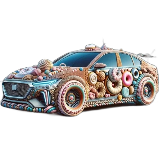 car, concept art, 3d render, fantasy art, elaborate, candy-car, displayed, amidst transparent PNG cut-out