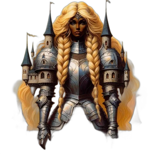 sword, fantasy art, concept art, pixel art, comic book art, golden, armored, woman transparent PNG cut-out
