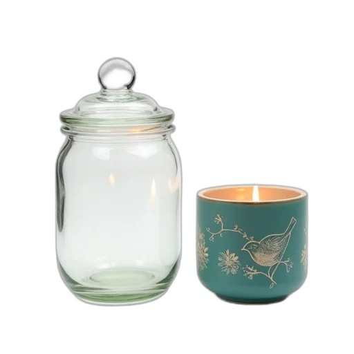 clear, glass, jar, lid, placed, next, teal, ceramic transparent PNG cut-out