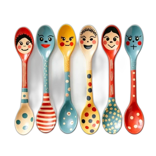 collection, colorful, hand-painted, ceramic, spoons, whimsical, faces, patterns transparent PNG cut-out