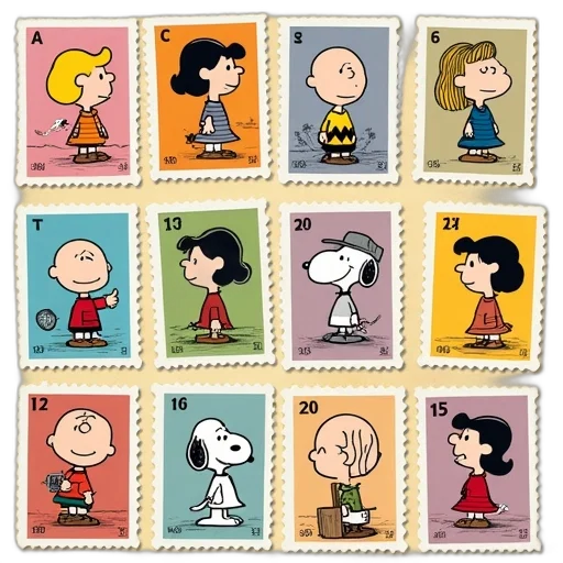 peanuts, cartoon, collection, stamps, display transparent PNG cut-out