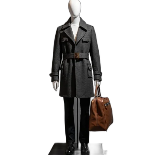 jacket, staff, 3d render, concept art, photorealistic, mannequin, dressed, dark transparent PNG cut-out