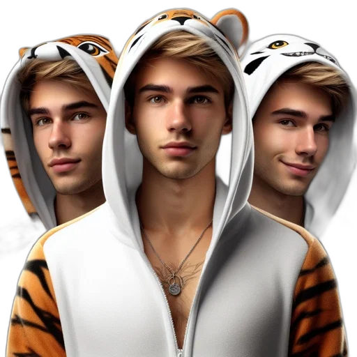 animal, photorealistic, fantasy art, 3d render, concept art, three, men, tiger-patterned transparent PNG cut-out