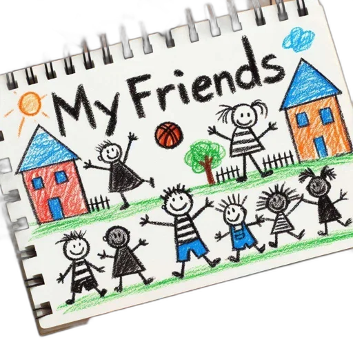 sketchbook, drawing, animated, children, playing, titled, friends, sits transparent PNG cut-out
