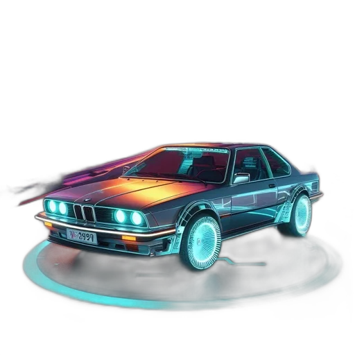 car, concept art, vaporwave, pixel art, photorealistic, fog, neon lights, outer space transparent PNG cut-out