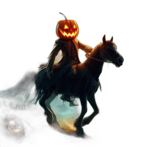 concept art, fantasy art, pixel art, photorealistic, pumpkin-headed, figure, rides, galloping transparent PNG cut-out