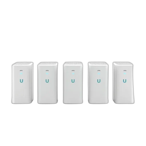 row, five, identical, white, wi-fi, routers, displayed, against transparent PNG cut-out