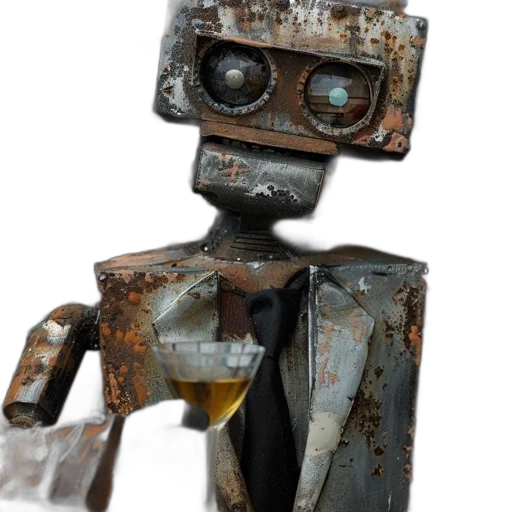 robot, face, staff, 3d render, concept art, cyberpunk, composed, rusted transparent PNG cut-out