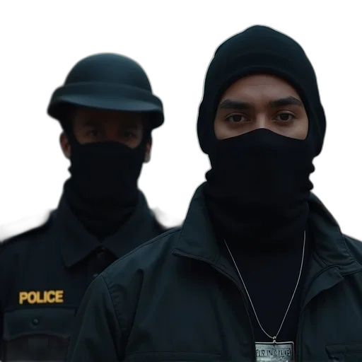 mask, jacket, staff, face, concept art, two, men, wearing transparent PNG cut-out