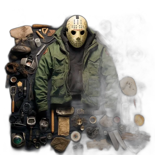 mask, jacket, weapon, face, concept art, comic book art, pixel art, 3d render transparent PNG cut-out