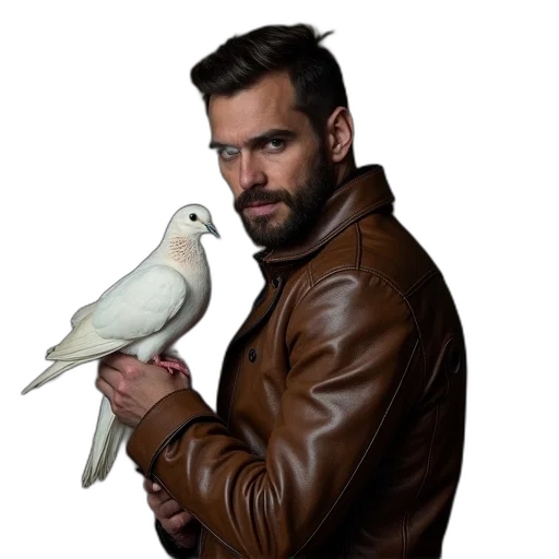 jacket, animal, photorealistic, concept art, cartoon, man, leather, holds transparent PNG cut-out