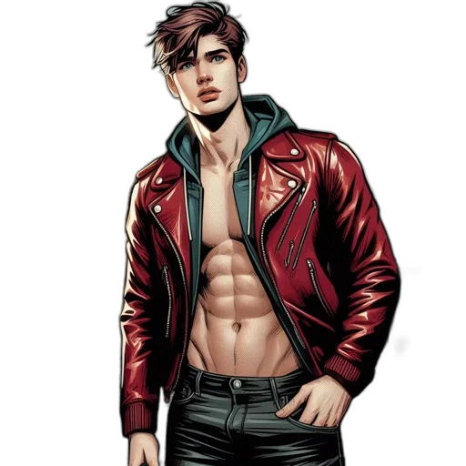 jacket, comic book art, concept art, photorealistic, fantasy art, red, young, man transparent PNG cut-out