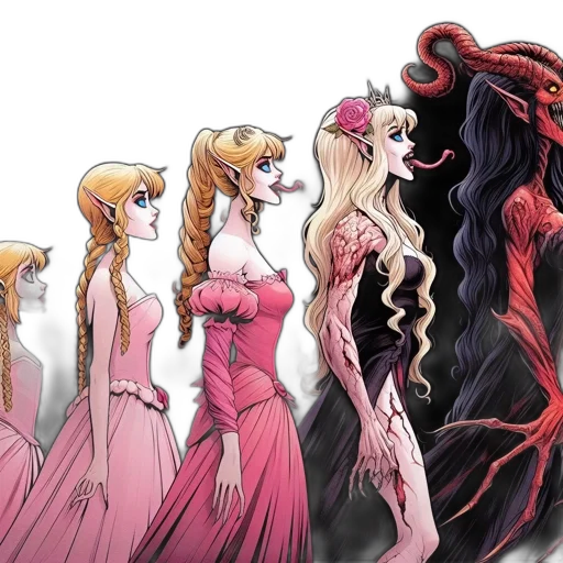 dress, concept art, comic book art, fantasy art, cartoon, five, sequential, female transparent PNG cut-out