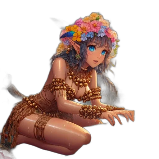 jewelry, dress, flower, staff, fantasy art, concept art, pixel art, anime transparent PNG cut-out