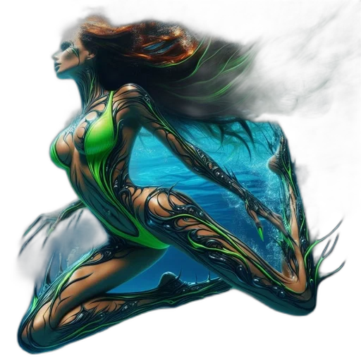 dress, dragon, fantasy art, comic book art, concept art, cyberpunk, green, blue transparent PNG cut-out
