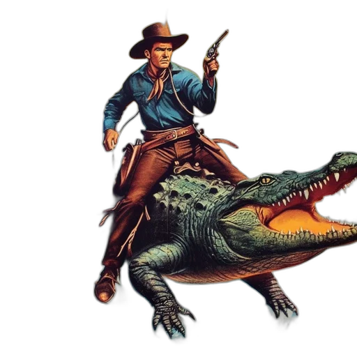 concept art, image, shows, cowboy, riding, alligator, against, vivid transparent PNG cut-out