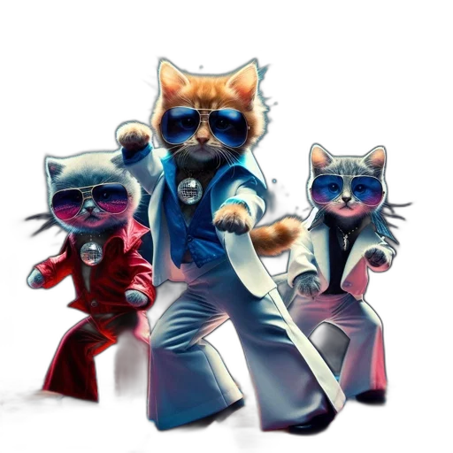 staff, concept art, pixel art, comic book art, cartoon, three, cats, dressed transparent PNG cut-out