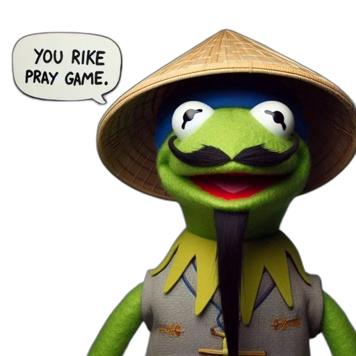 hat, staff, kermit, frog, wearing, traditional, asian, bandana transparent PNG cut-out