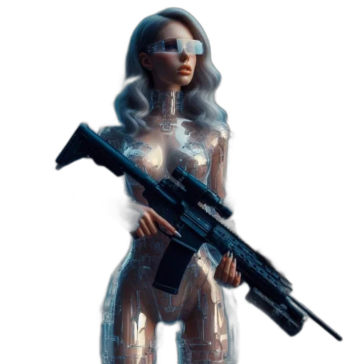 weapon, staff, robot, dress, concept art, pixel art, cyberpunk, 3d render transparent PNG cut-out