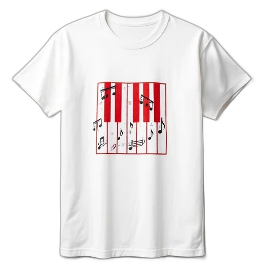 3d render, white, t-shirt, red, piano, key, graphic, front transparent PNG cut-out