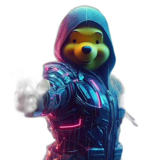 robot, jacket, weapon, mask, cyberpunk, concept art, 3d render, vaporwave transparent PNG cut-out
