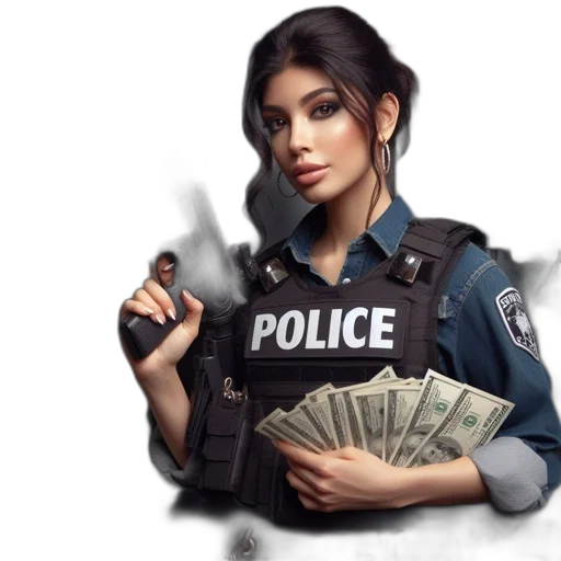 weapon, jacket, concept art, photorealistic, fantasy art, 3d render, policewoman, stands transparent PNG cut-out